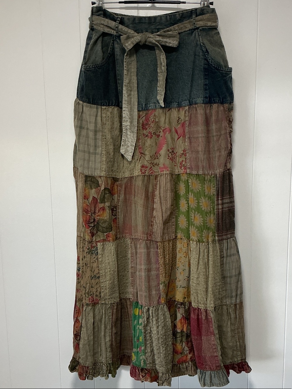 Young Threads Boho/Western denim patch work skirt.
